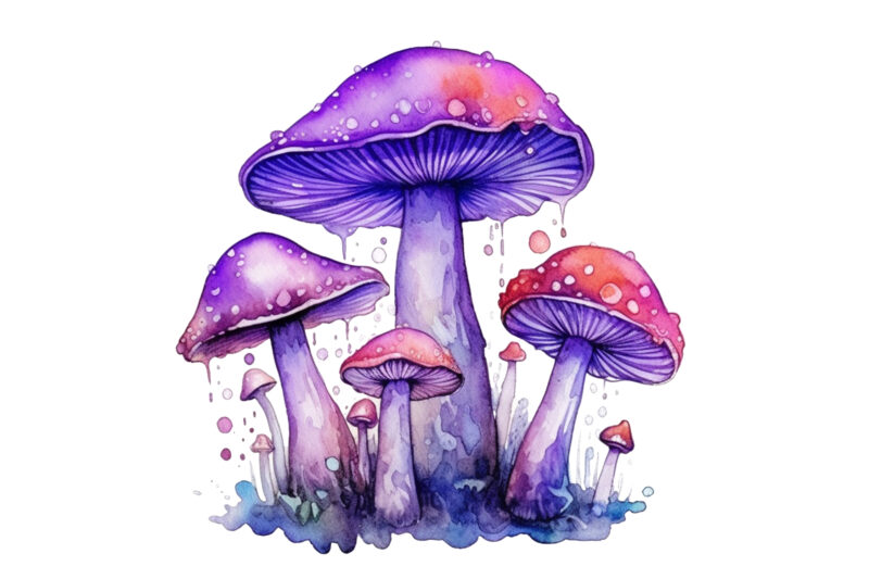 Watercolor Purple Magic Mushrooms Digital Clip Art