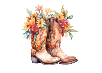 Western Floral Boots Watercolor Clipart t shirt design for sale