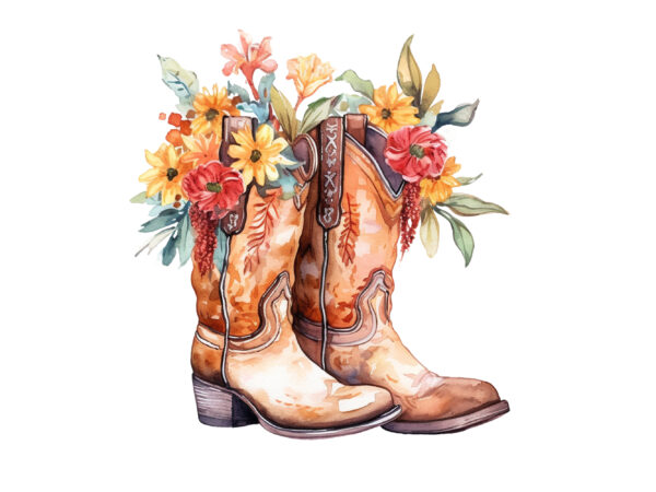 Western floral boots watercolor clipart t shirt design for sale