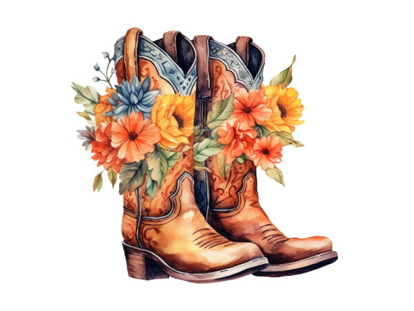 Western floral boots watercolor clipart t shirt design for sale