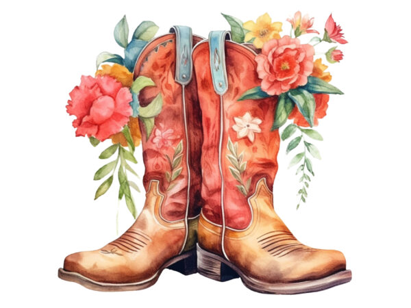 Western floral boots watercolor clipart t shirt design for sale