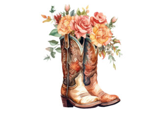 Western Floral Boots Watercolor Clipart t shirt design for sale