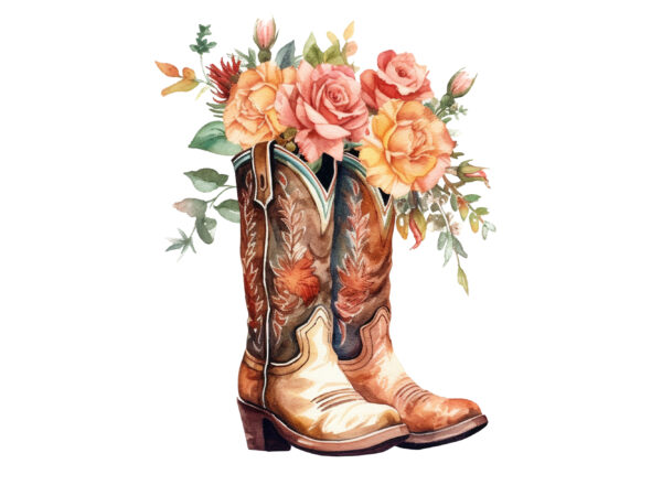 Western floral boots watercolor clipart t shirt design for sale