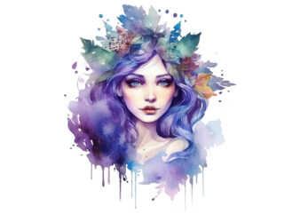 fairy queen with purple flower trendy watercolor graphic