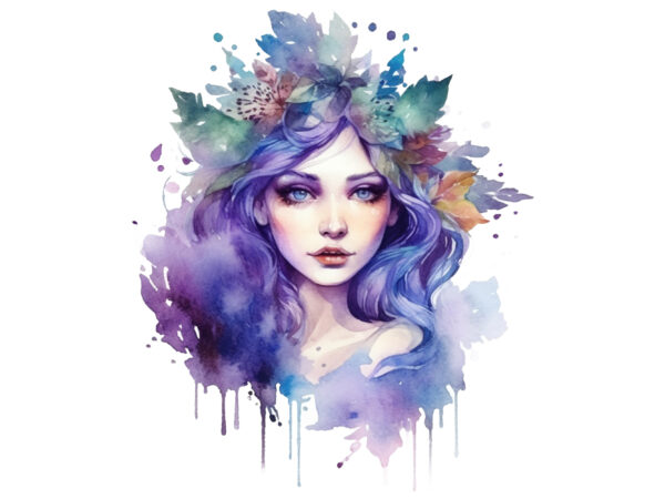 Fairy queen with purple flower trendy watercolor graphic