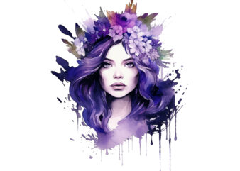 fairy queen with purple flower trendy watercolor graphic