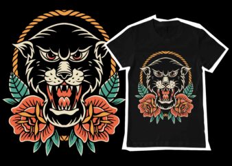 panther and rose traditional style for tshirt