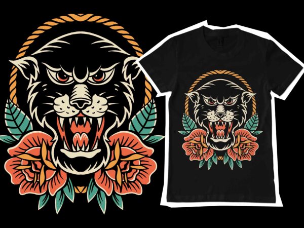 Panther and rose traditional style for tshirt