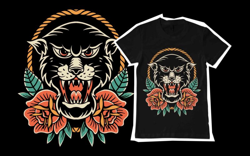 panther and rose traditional style for tshirt