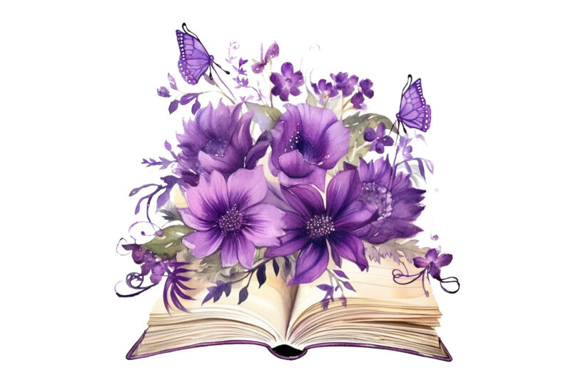 trendy Watercolor Fairy Flower Book Clipart purple color