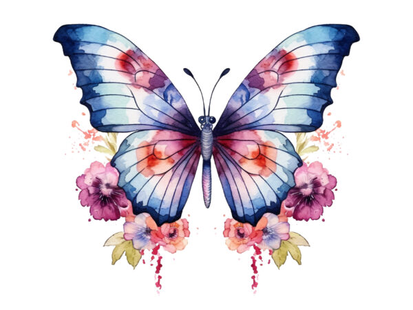Watercolor butterfly with flower clipart t shirt design for sale