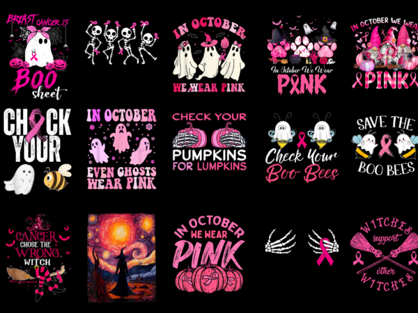 15 breast cancer halloween shirt designs bundle for commercial use part 1, breast cancer halloween t-shirt, breast cancer halloween png file, breast cancer halloween digital file, breast cancer halloween gift,