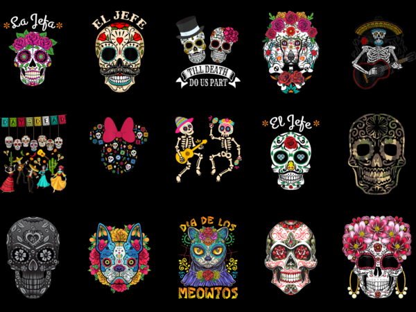 15 day of the dead shirt designs bundle for commercial use part 2, day of the dead t-shirt, day of the dead png file, day of the dead digital file,