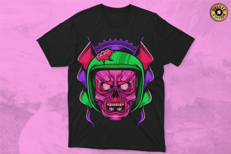 Zombie Biker Vector T-shirt Designs, Skull Helmet Vector Graphic T-shirt for Print, POD T-shirt Designs