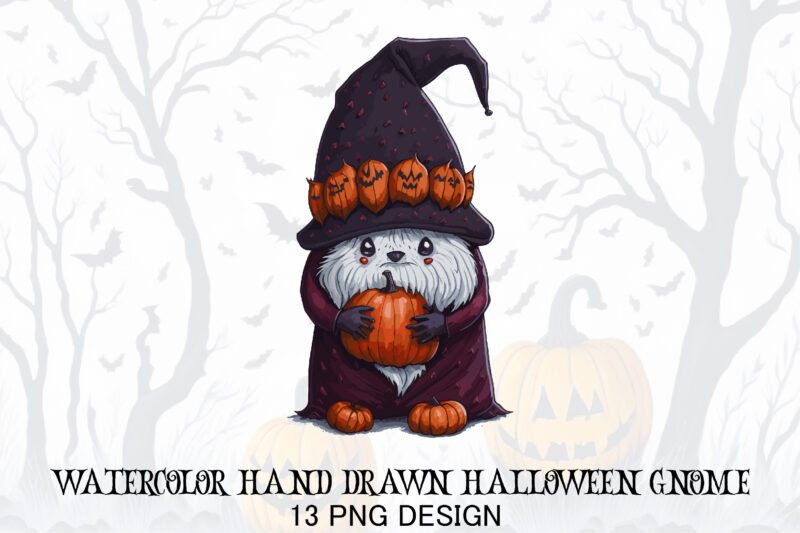 Watercolor Hand Drawn Halloween Gnome
