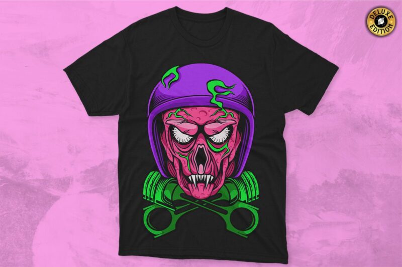 Zombie Biker Vector T-shirt Designs, Skull Helmet Vector Graphic T-shirt for Print, POD T-shirt Designs