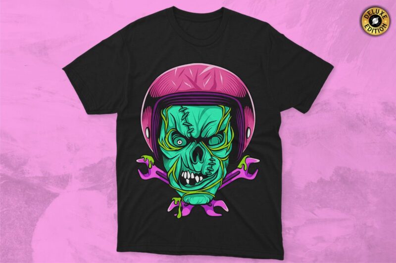 Zombie Biker Vector T-shirt Designs, Skull Helmet Vector Graphic T-shirt for Print, POD T-shirt Designs