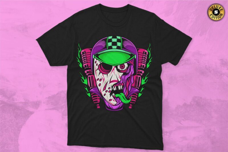 Zombie Biker Vector T-shirt Designs, Skull Helmet Vector Graphic T-shirt for Print, POD T-shirt Designs