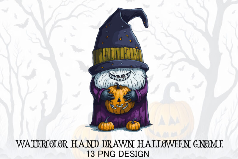 Watercolor Hand Drawn Halloween Gnome