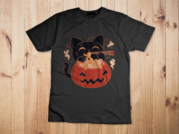 Creepy kawaii cat eating worms ramen noodles halloween shirt design