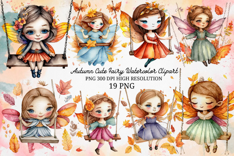 Autumn Cute Fairy Watercolor Clipart