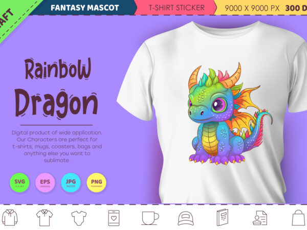 Rainbow cartoon dragon. fantasy clipart. t shirt design online