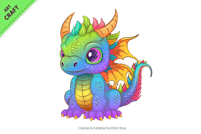Rainbow cartoon dragon. Fantasy clipart.