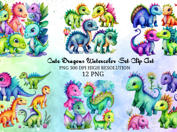 Cute dragons watercolor set clip art png t shirt vector file