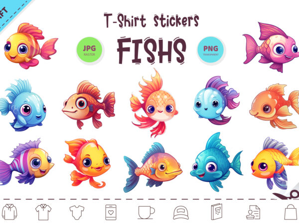 Bundle of cute fish stickers. clipart. t shirt template