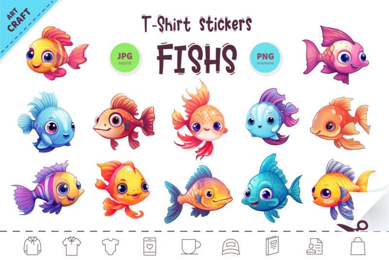 Bundle of cute fish stickers. Clipart. - Buy t-shirt designs