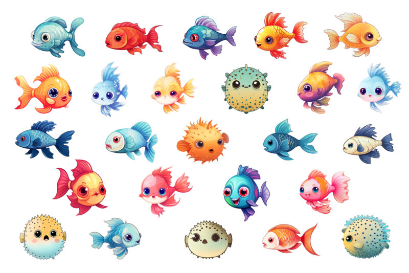 Bundle of cute fish stickers. Clipart.