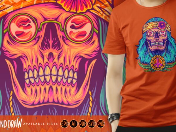 Groovy skull with bohemian cannabis symbol t shirt design template