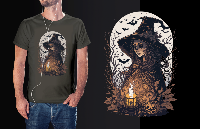 Spooky Halloween Witch With Lantern Tshirt Vector