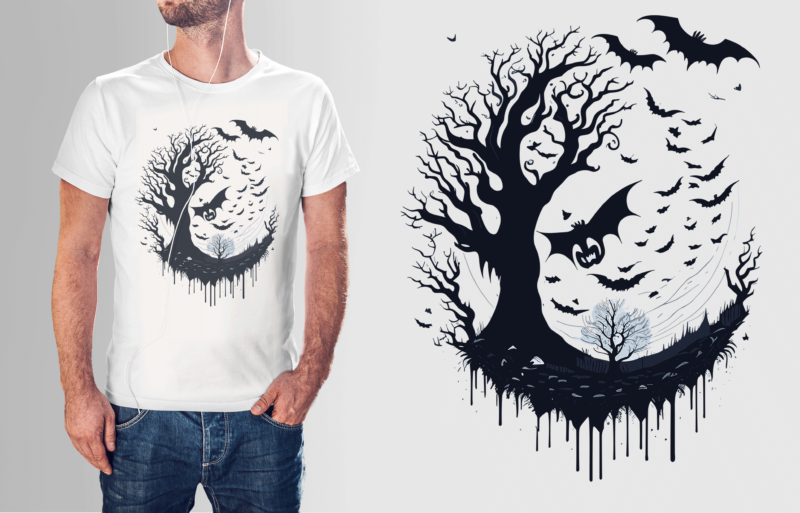 Halloween Bats Tree Tshirt Vector