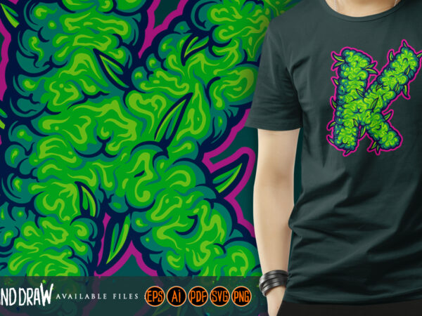 Impressive monogram with letter k and cannabis leaf motif t shirt design for sale