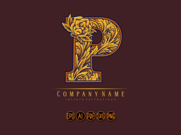 Intricate engraved monogram p with beautiful flower t shirt design for sale