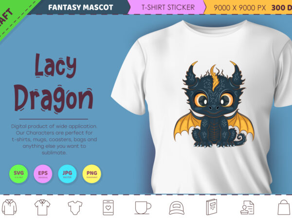 Lacy cartoon dragon. fantasy clipart. t shirt vector graphic