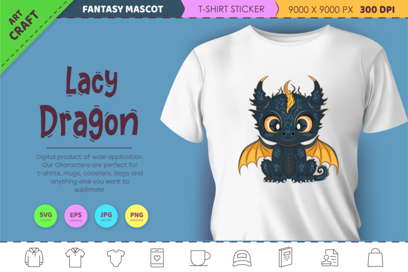 Lacy cartoon dragon. Fantasy clipart.