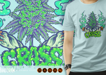 Lit up crosses joint with cannabis bud and grass typeface
