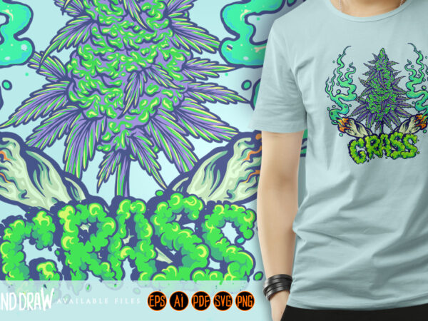 Lit up crosses joint with cannabis bud and grass typeface t shirt vector graphic