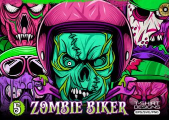 Zombie Biker Vector T-shirt Designs, Skull Helmet Vector Graphic T-shirt for Print, POD T-shirt Designs