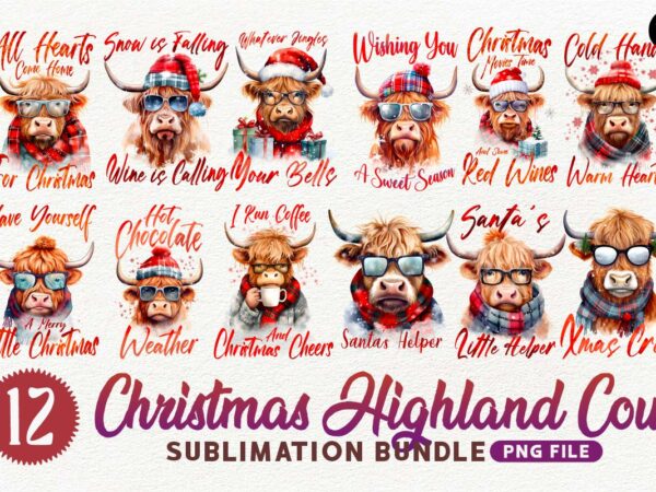 Christmas highland cow sublimation png designs bundle