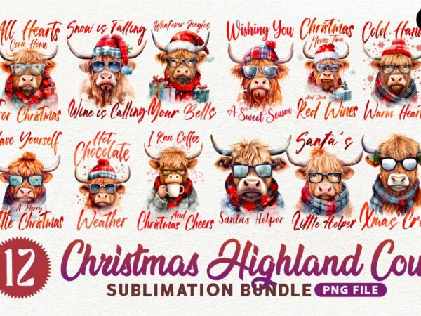 Christmas highland cow sublimation png designs bundle