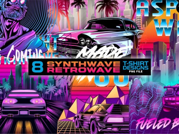 Synthwave retrowave futuristic t-shirt designs png bundle