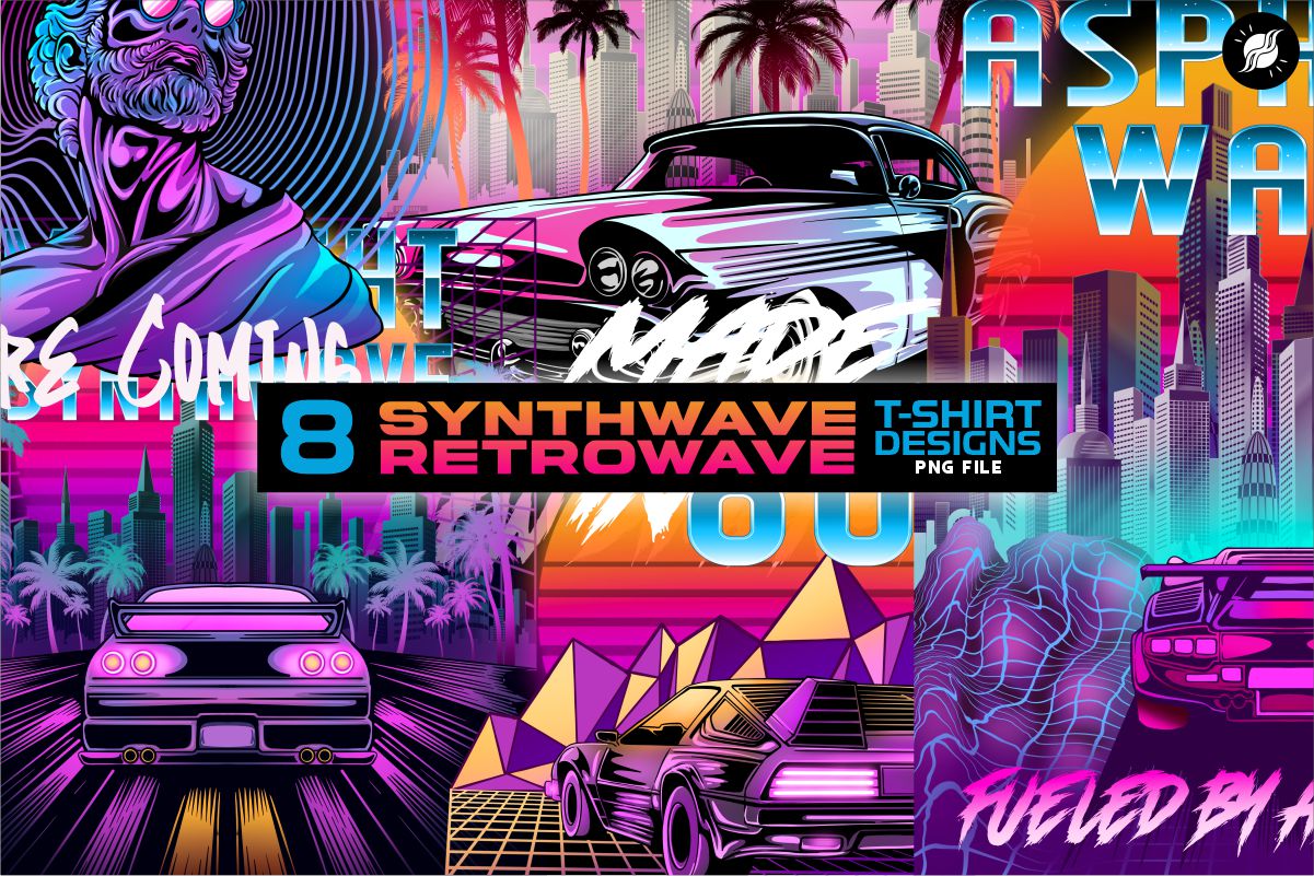 Synthwave Retrowave Futuristic T-shirt Designs PNG Bundle - Buy t-shirt ...