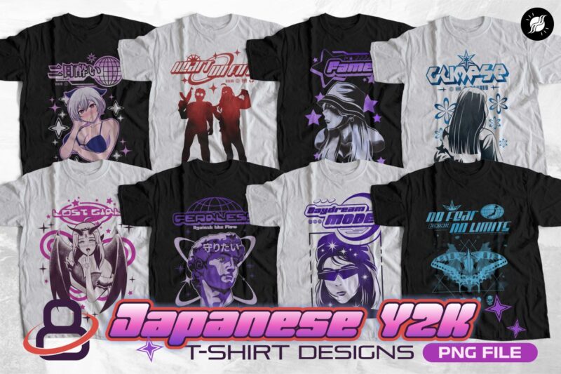 Japanese Y2K Streetwear T-shirt Designs PNG Bundle, Japanese Streetwear T-shirt Designs