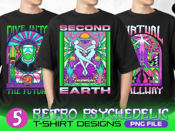 Retro psychedelic futuristic t-shirt designs png bundle