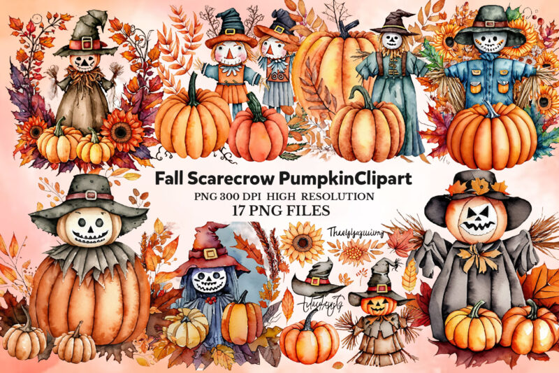 PNG Watercolor Fall Scarecrow Pumpkin