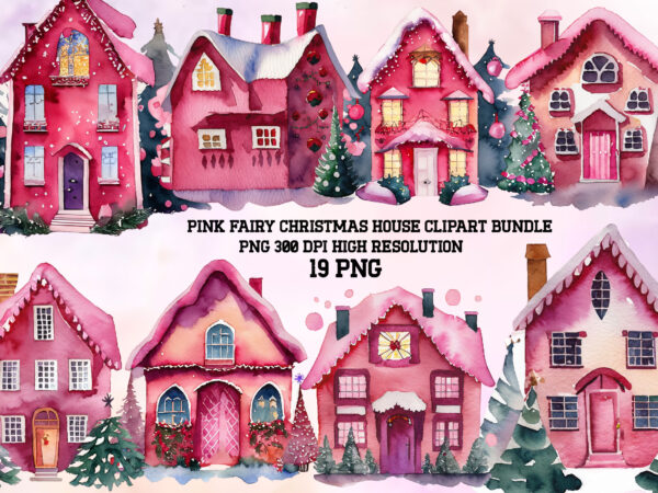 Pink christmas house watercolor clipart png t shirt illustration