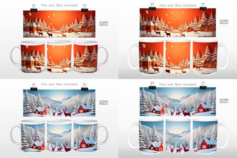 3D Christmas Countryside Mug Wrap Sublimation Bundle